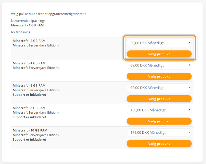Vælg det produkt du vil opgradere til hos FlowServers
