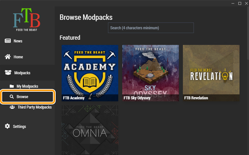 Søg efter modpacks i FTB Launcher hos FlowServers