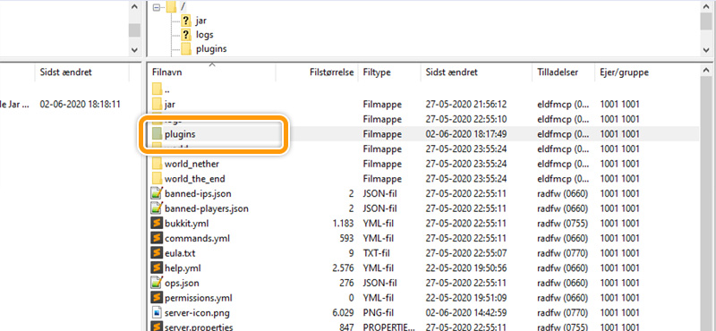Find plugins mappen i filezilla hos flowservers