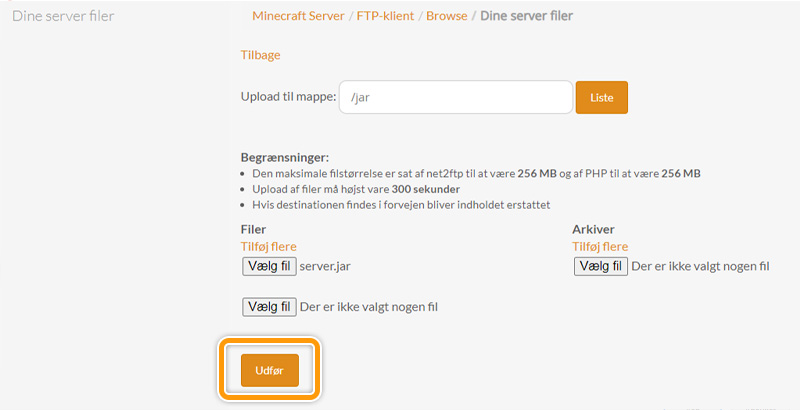 Gennemfør upload af jar fil til din server hos FlowServers