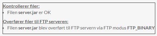 Bekræftelse på at du har uploadet din server jar til din server hos flowservers