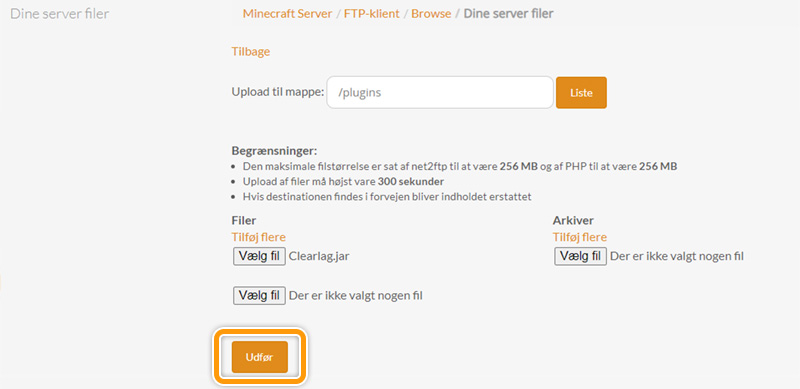Upload plugins til din server hos FlowServers
