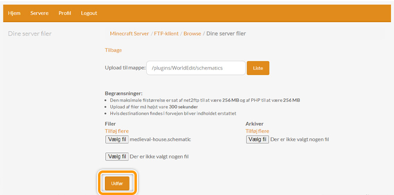 Gennemfør din upload af Schematic til din server hos FlowServers