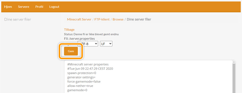 Gem en konfigurationsfil på din Minecraft Server hos FlowServers