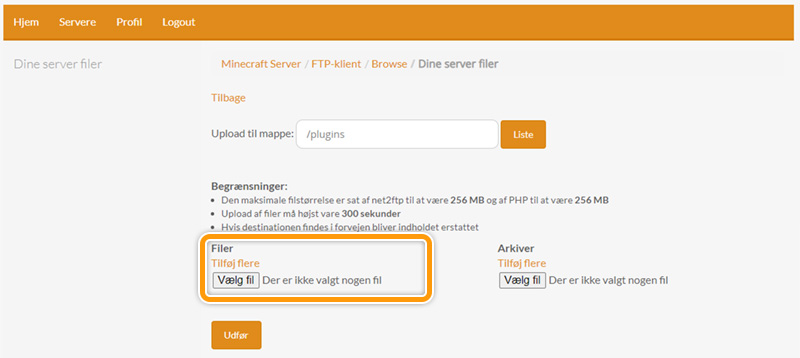 Vælg fil du vil uploade til din server hos FlowServers