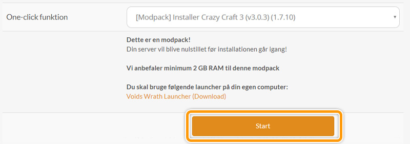 Start installationen af en modpack på din Minecraft server