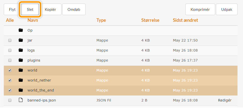 Slet din verden på din Minecraft-server hos FlowServers