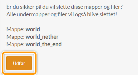 Bekræft du vil slette din verden på din Minecraft Server hostet hos FlowServers