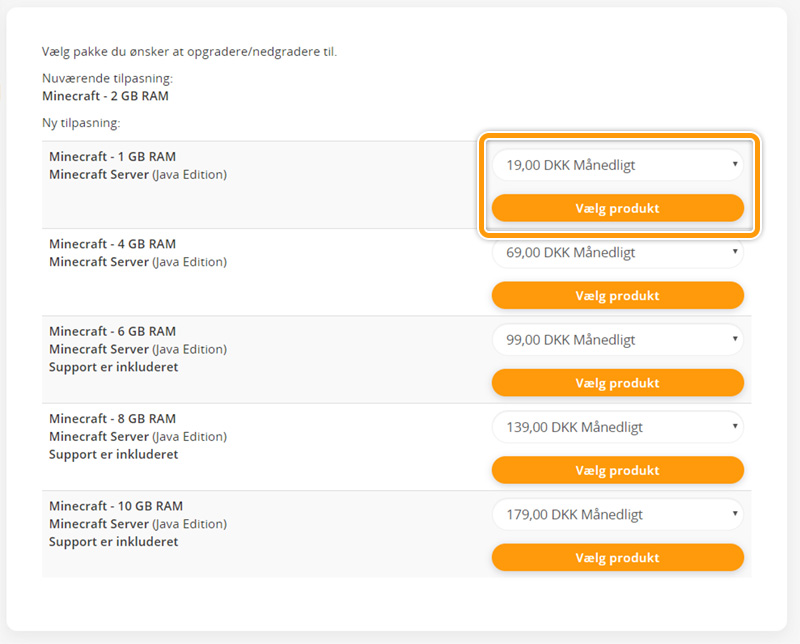 Vælg det produkt du vil nedgradere til hos FlowServers